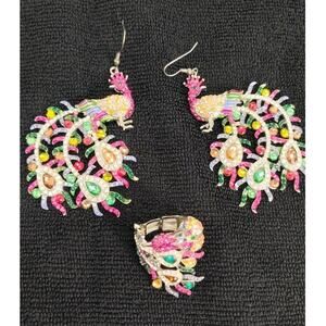 Vintage Earring Ring Set Gemstone Silver Tone Jewelry Collectable Peacock Bird